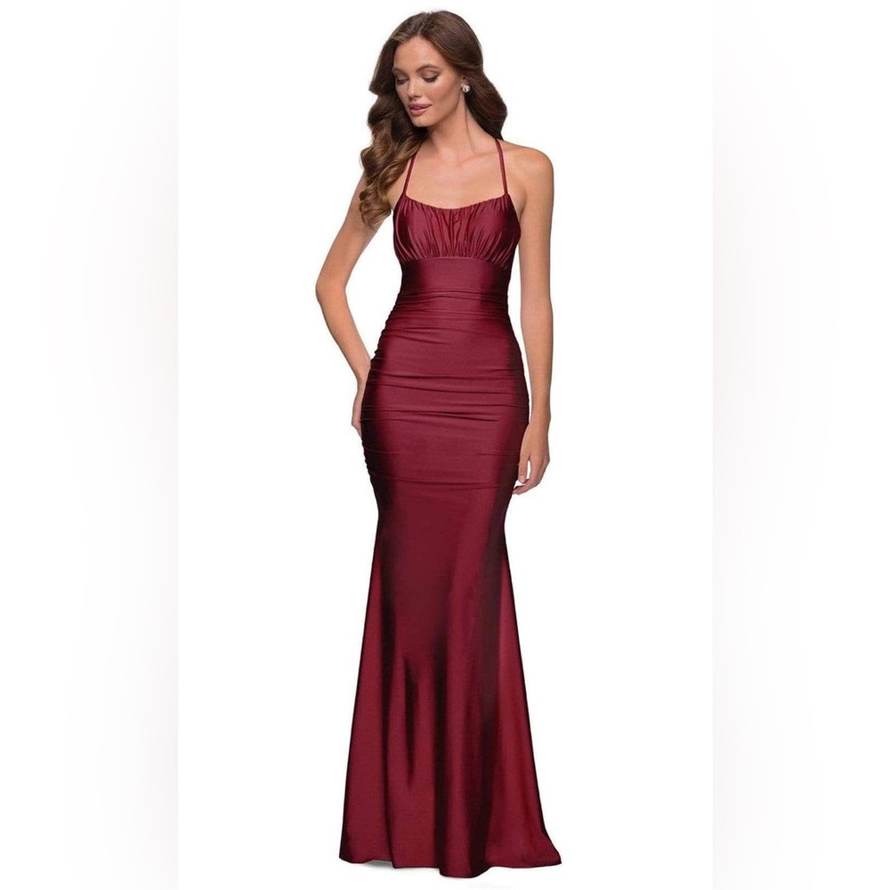 La Femme 29873 Strappy Open Back Shiny Jersey Fitted Gown